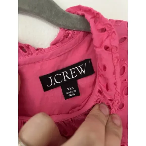J.CREW Hot Pink Eyelet Smocked Short Sleeve Blouse Size xxs Ruffle 100% Cotton - Picture 4 of 6